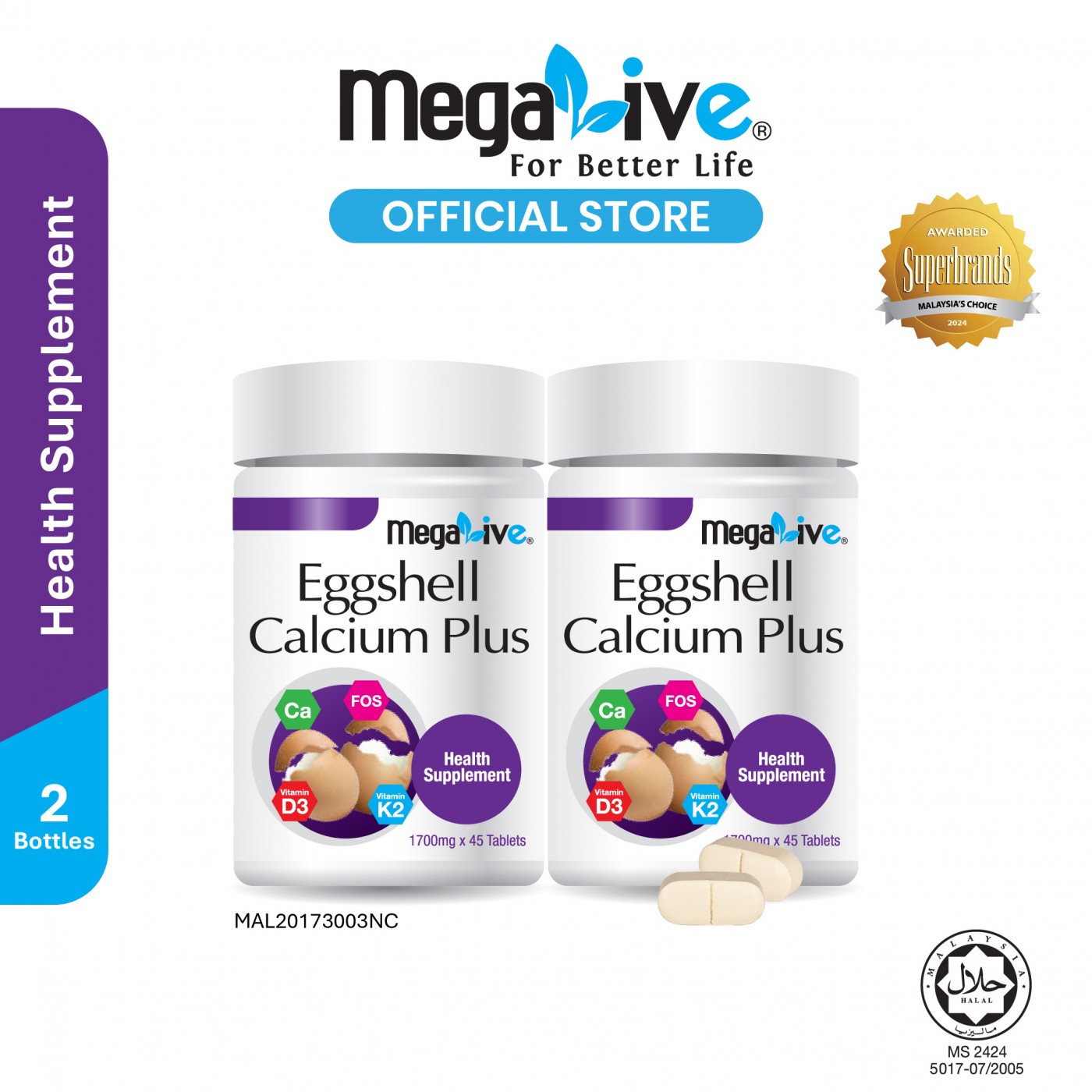 MegaLive Eggshell Calcium Plus (2X45's)