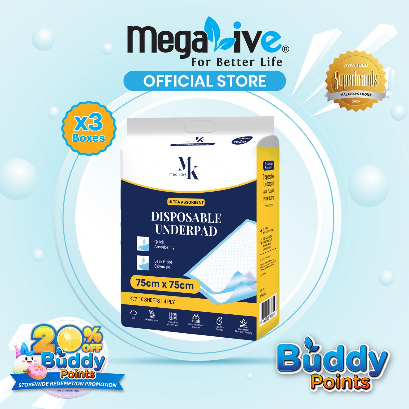 MK medikare Disposable Under Pad 30's (75cmX75cm)