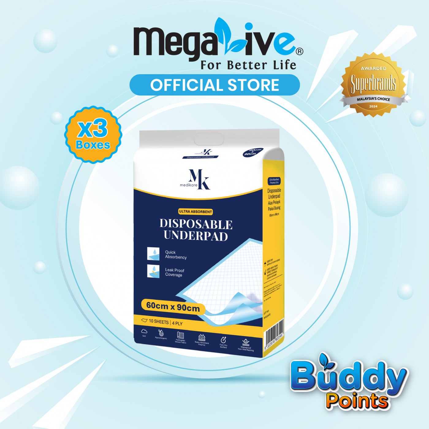 MK medikare Disposable Under Pad 30's (60cmX90cm)