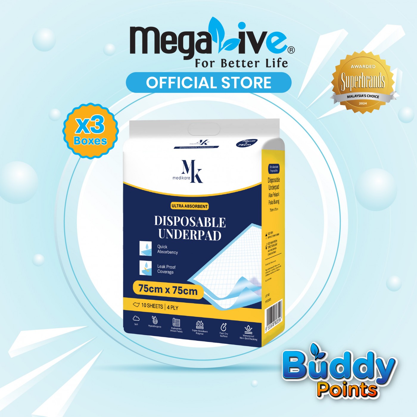 MK medikare Disposable Under Pad 30's (75cmX75cm)
