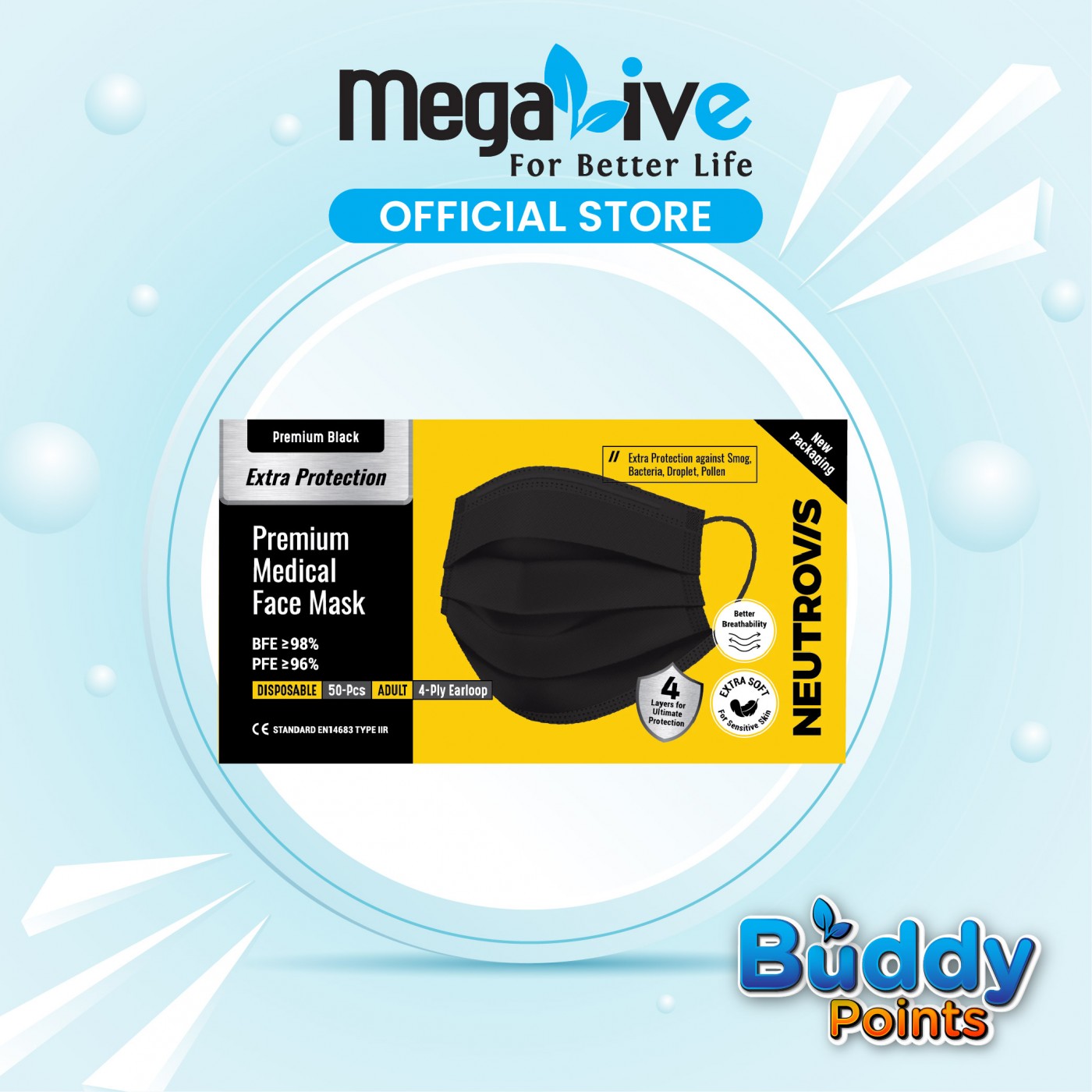 Neutrovis Extra Protection Premium 4-Ply Medical Mask (Black)